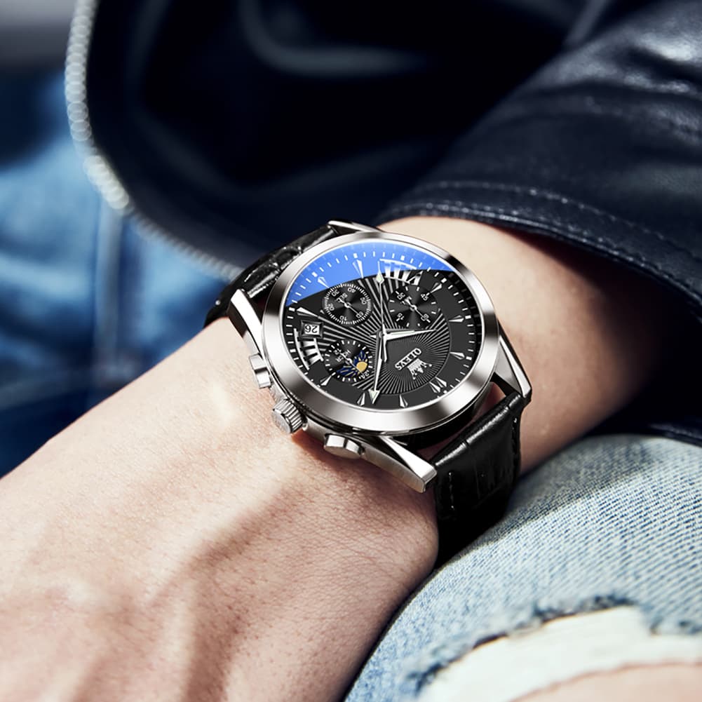 OLEVS 2876 Luxury Moon Phase Chronograph Leather Watch for Men - Black Silver Black Watch | Olevs Watch Store