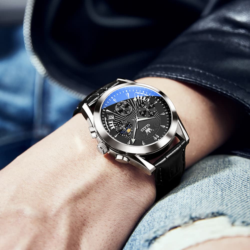 OLEVS 2876 Luxury Moon Phase Chronograph Leather Watch for Men - Black Silver Black Watch | Olevs Watch Store