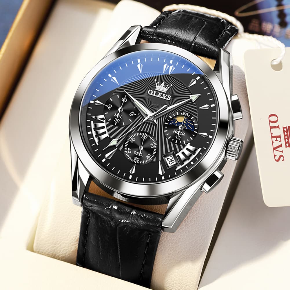 OLEVS 2876 Luxury Moon Phase Chronograph Leather Watch for Men - Black Silver Black Watch | Olevs Watch Store