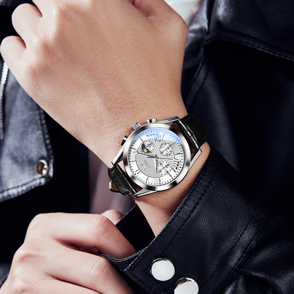 OLEVS 2876 Luxury Moon Phase Chronograph Leather Watch for Men - Black Silver Black Watch | Olevs Watch Store