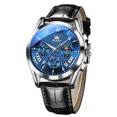 OLEVS 2876 Luxury Moon Phase Chronograph Leather Watch for Men - Black Silver Blue Watch | Olevs Watch Store