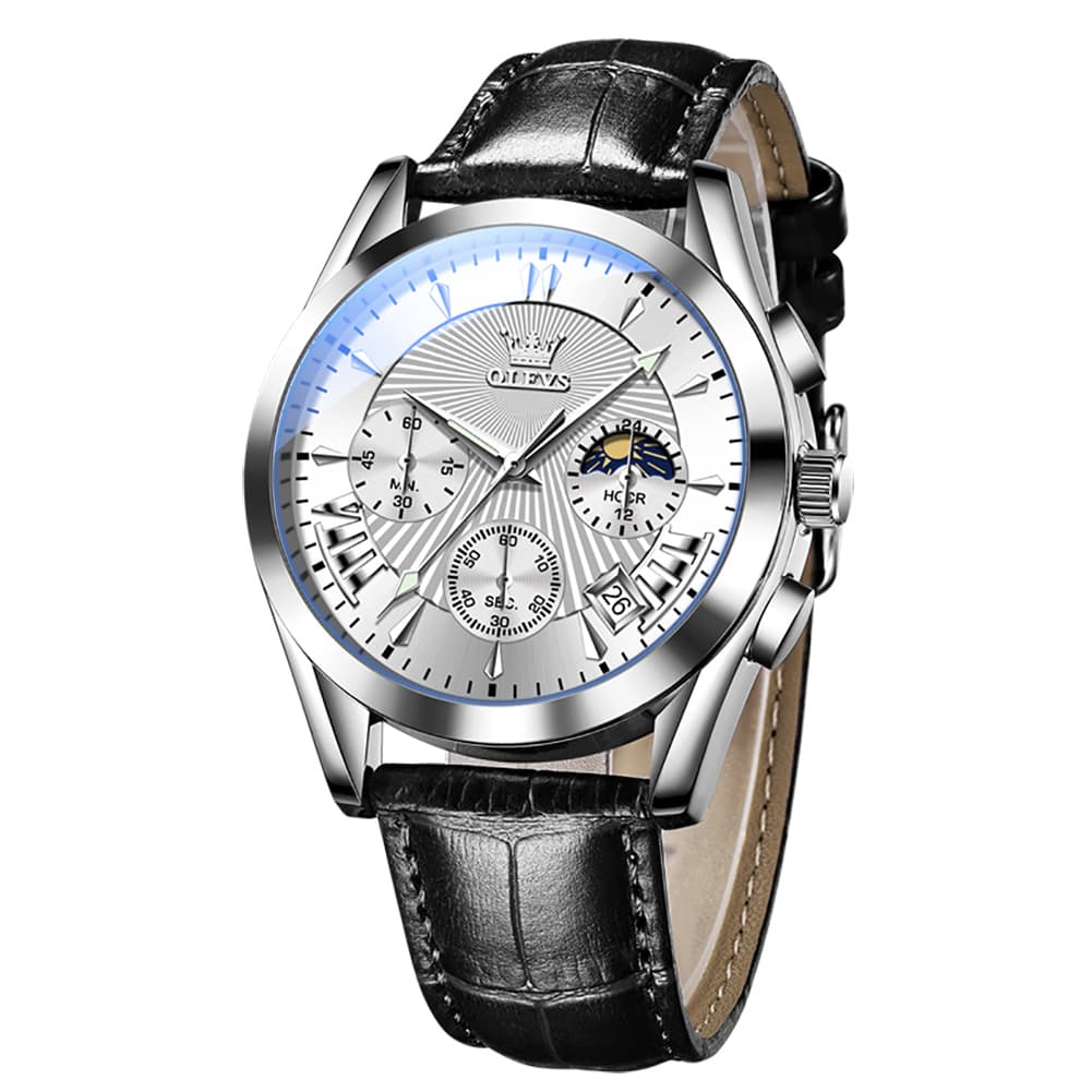 OLEVS 2876 Luxury Moon Phase Chronograph Leather Watch for Men - Black Silver White Watch | Olevs Watch Store