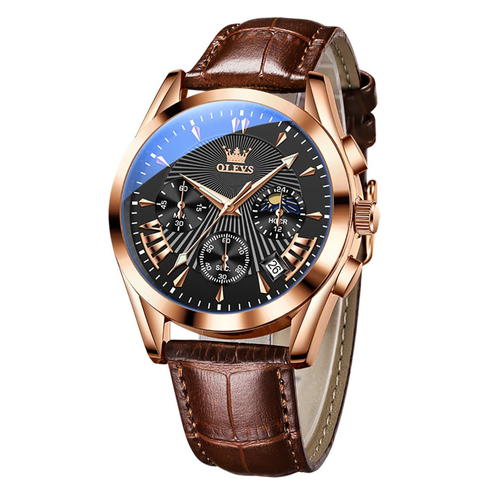 OLEVS 2876 Luxury Moon Phase Chronograph Leather Watch for Men - Brown Rose Black Watch | Olevs Watch Store