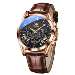OLEVS 2876 Luxury Moon Phase Chronograph Leather Watch for Men - Brown Rose Black Watch | Olevs Watch Store