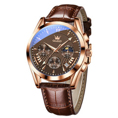 OLEVS 2876 Luxury Moon Phase Chronograph Leather Watch for Men - Brown Rose Coffee Watch | Olevs Watch Store
