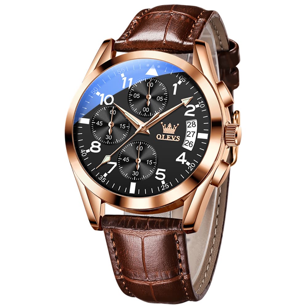 OLEVS 2878 Classic Pilot Chronograph Leather Watch for Men - Rose Black Watch | Olevs Watch Store