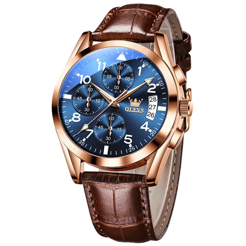OLEVS 2878 Classic Pilot Chronograph Leather Watch for Men - Rose Blue Watch | Olevs Watch Store