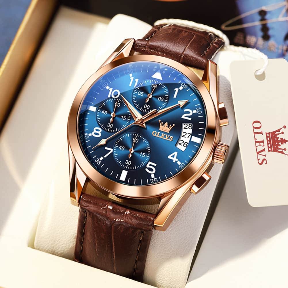 OLEVS 2878 Classic Pilot Chronograph Leather Watch for Men - Silver Blue Watch | Olevs Watch Store