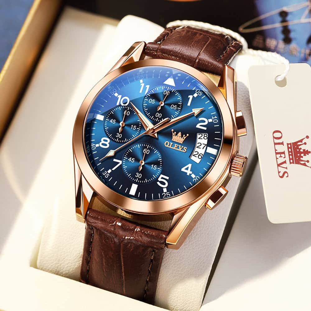 OLEVS 2878 Classic Pilot Chronograph Leather Watch for Men - Silver Blue Watch | Olevs Watch Store