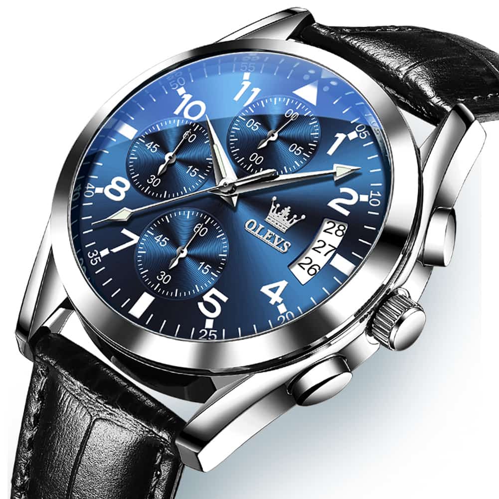 OLEVS 2878 Classic Pilot Chronograph Leather Watch for Men - Silver Blue Watch | Olevs Watch Store