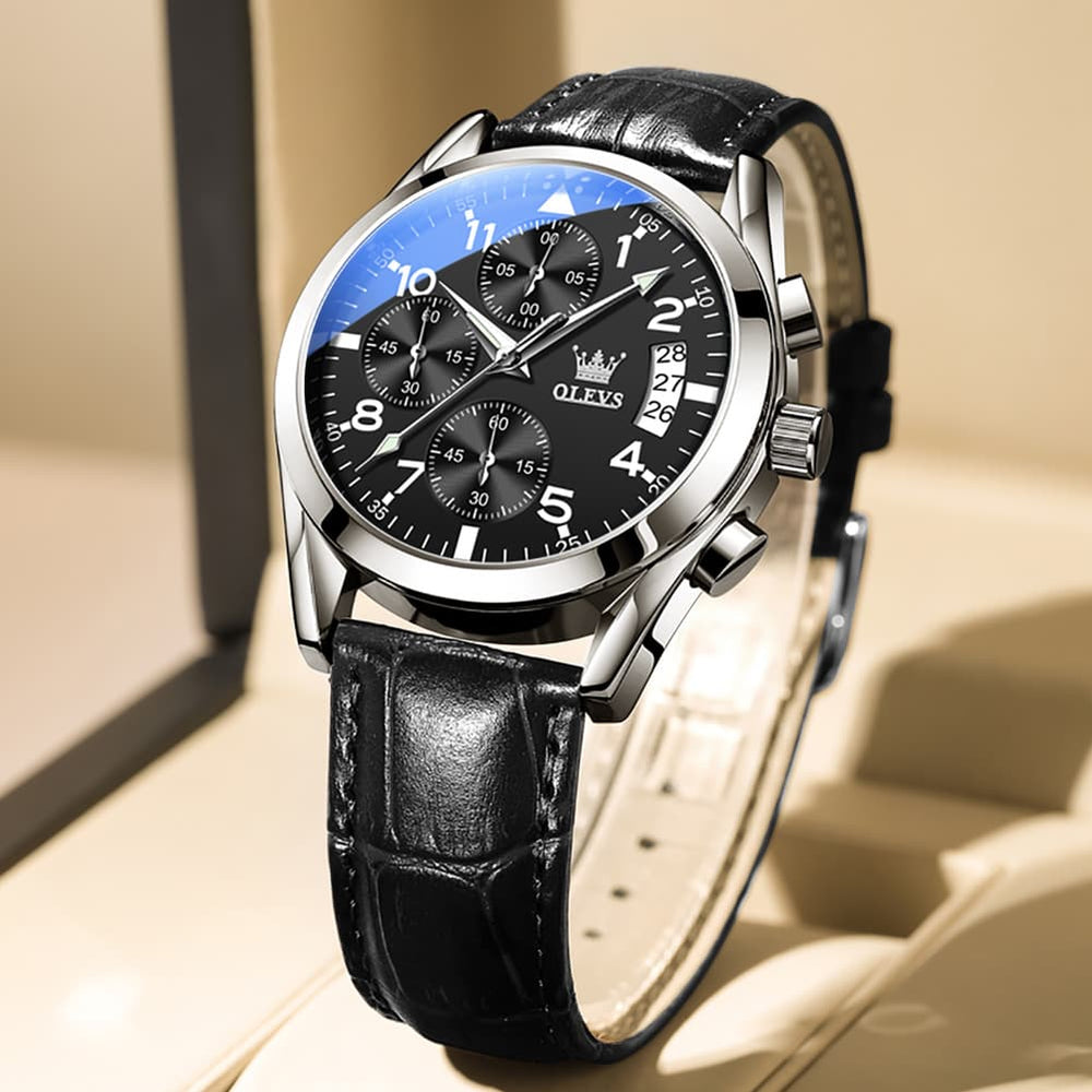 OLEVS 2878 Classic Pilot Chronograph Leather Watch for Men - Silver Blue Watch | Olevs Watch Store