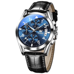 OLEVS 2878 Classic Pilot Chronograph Leather Watch for Men - Silver Blue Watch | Olevs Watch Store