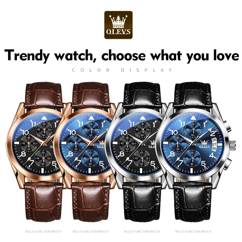 OLEVS 2878 Classic Pilot Chronograph Leather Watch for Men - Silver Blue Watch | Olevs Watch Store
