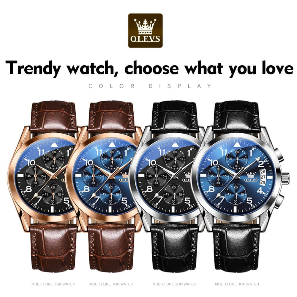 OLEVS 2878 Classic Pilot Chronograph Leather Watch for Men - Silver Blue Watch | Olevs Watch Store