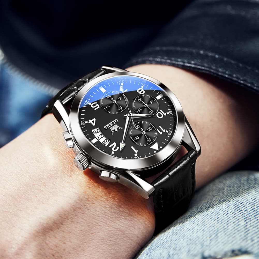 OLEVS 2878 Classic Pilot Chronograph Leather Watch for Men - Silver Blue Watch | Olevs Watch Store