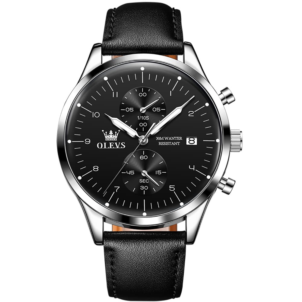 OLEVS 2880 Minimalist Slim Dress Chronograph Watch for Men - Silver Black Watch | Olevs Watch Store