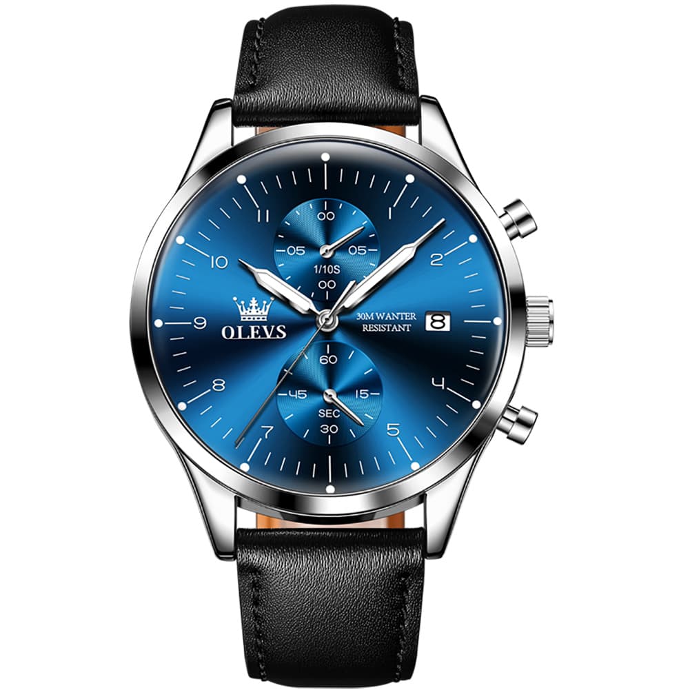 OLEVS 2880 Minimalist Slim Dress Chronograph Watch for Men - Silver Blue Watch | Olevs Watch Store