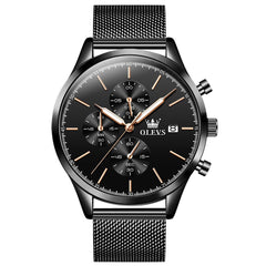 OLEVS 2881 Minimalist Milanese Chronograph Watch for Men - All Black Gold Watch | Olevs Watch Store