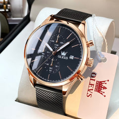 OLEVS 2881 Minimalist Milanese Chronograph Watch for Men - Rose Black Watch | Olevs Watch Store