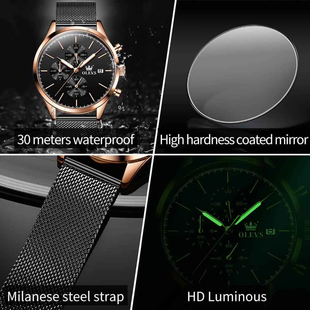 OLEVS 2881 Minimalist Milanese Chronograph Watch for Men - Rose Black Watch | Olevs Watch Store