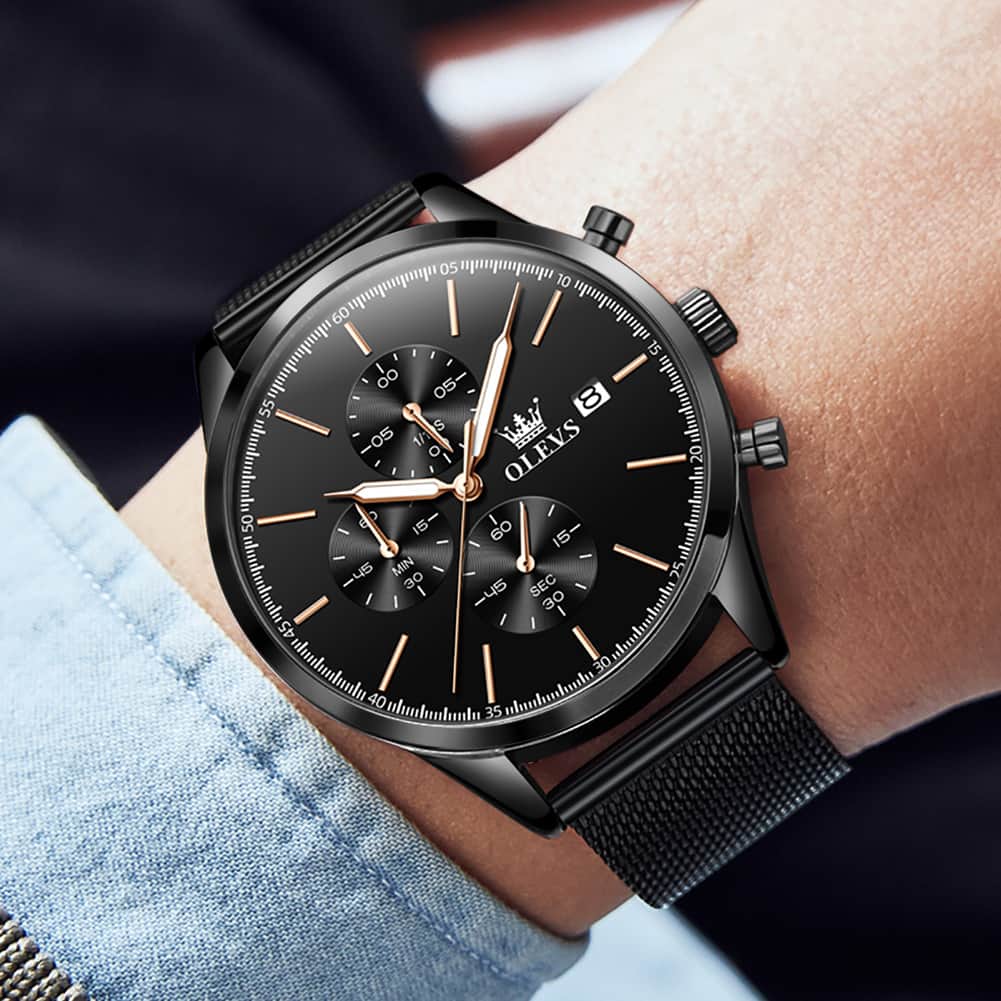 OLEVS 2881 Minimalist Milanese Chronograph Watch for Men - Rose Black Watch | Olevs Watch Store