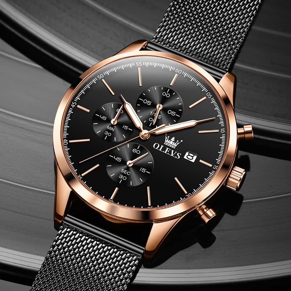 OLEVS 2881 Minimalist Milanese Chronograph Watch for Men - Rose Black Watch | Olevs Watch Store