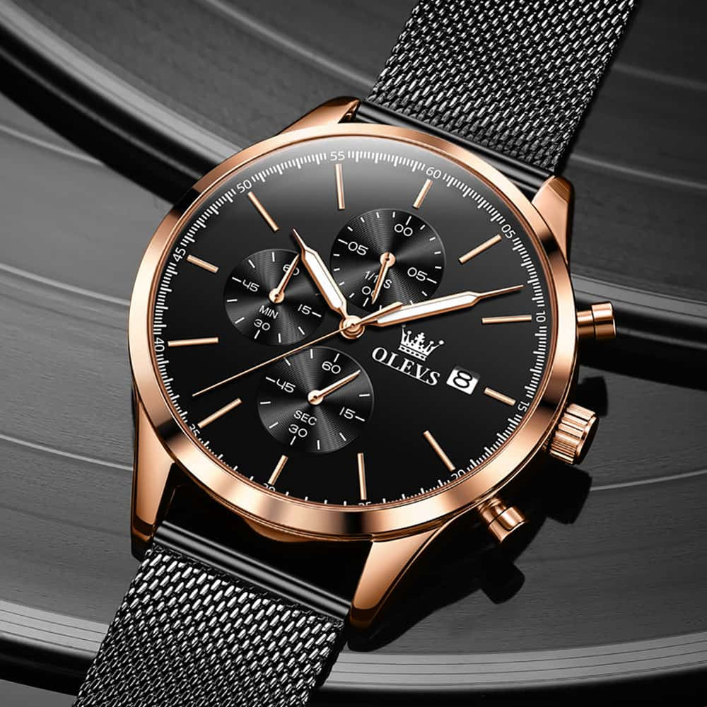 OLEVS 2881 Minimalist Milanese Chronograph Watch for Men - Rose Black Watch | Olevs Watch Store