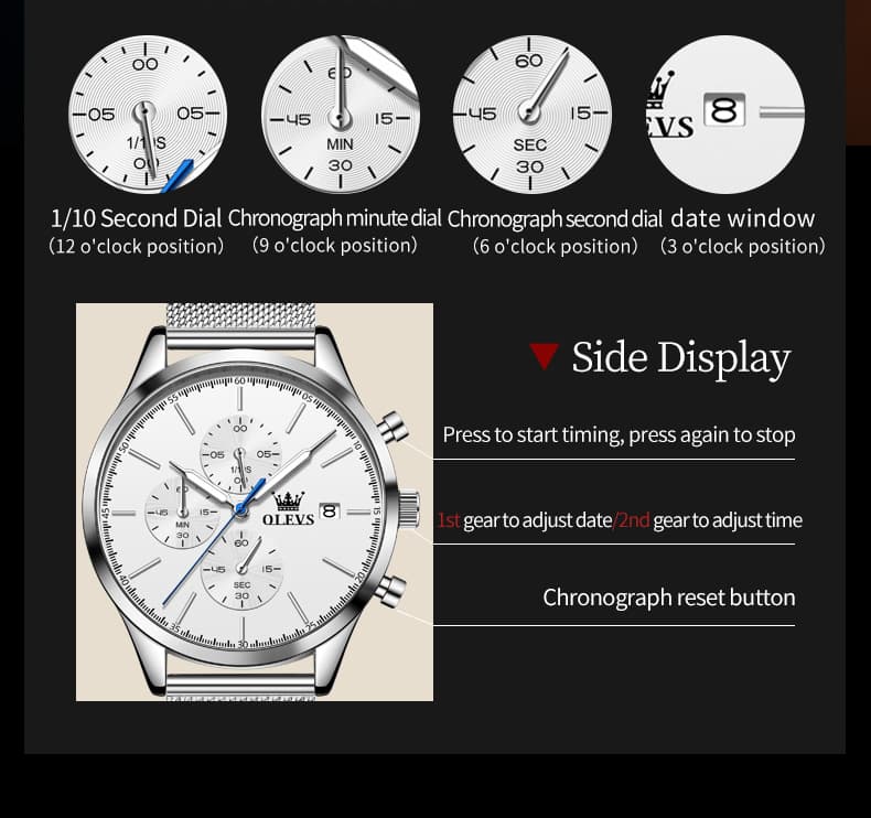 OLEVS 2881 Minimalist Milanese Chronograph Watch for Men - Rose Black Watch | Olevs Watch Store
