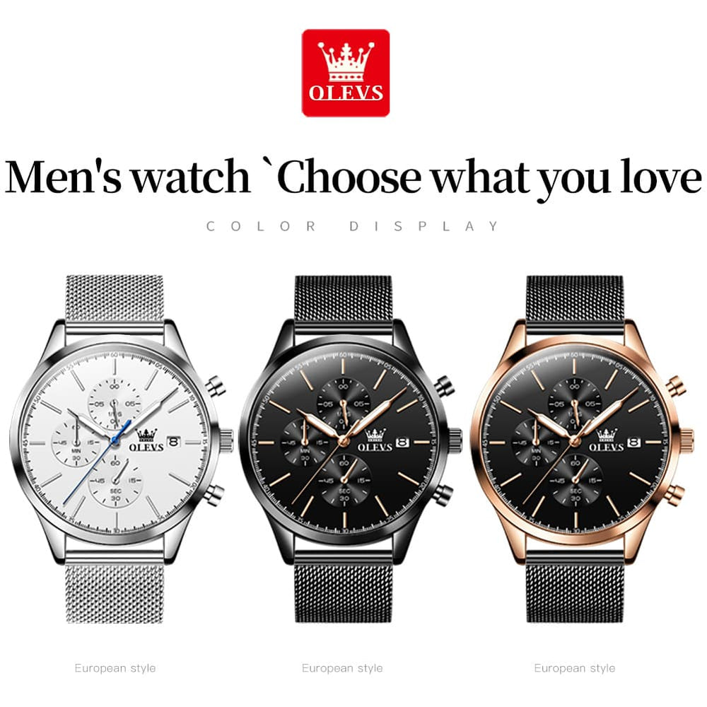 OLEVS 2881 Minimalist Milanese Chronograph Watch for Men - Rose Black Watch | Olevs Watch Store