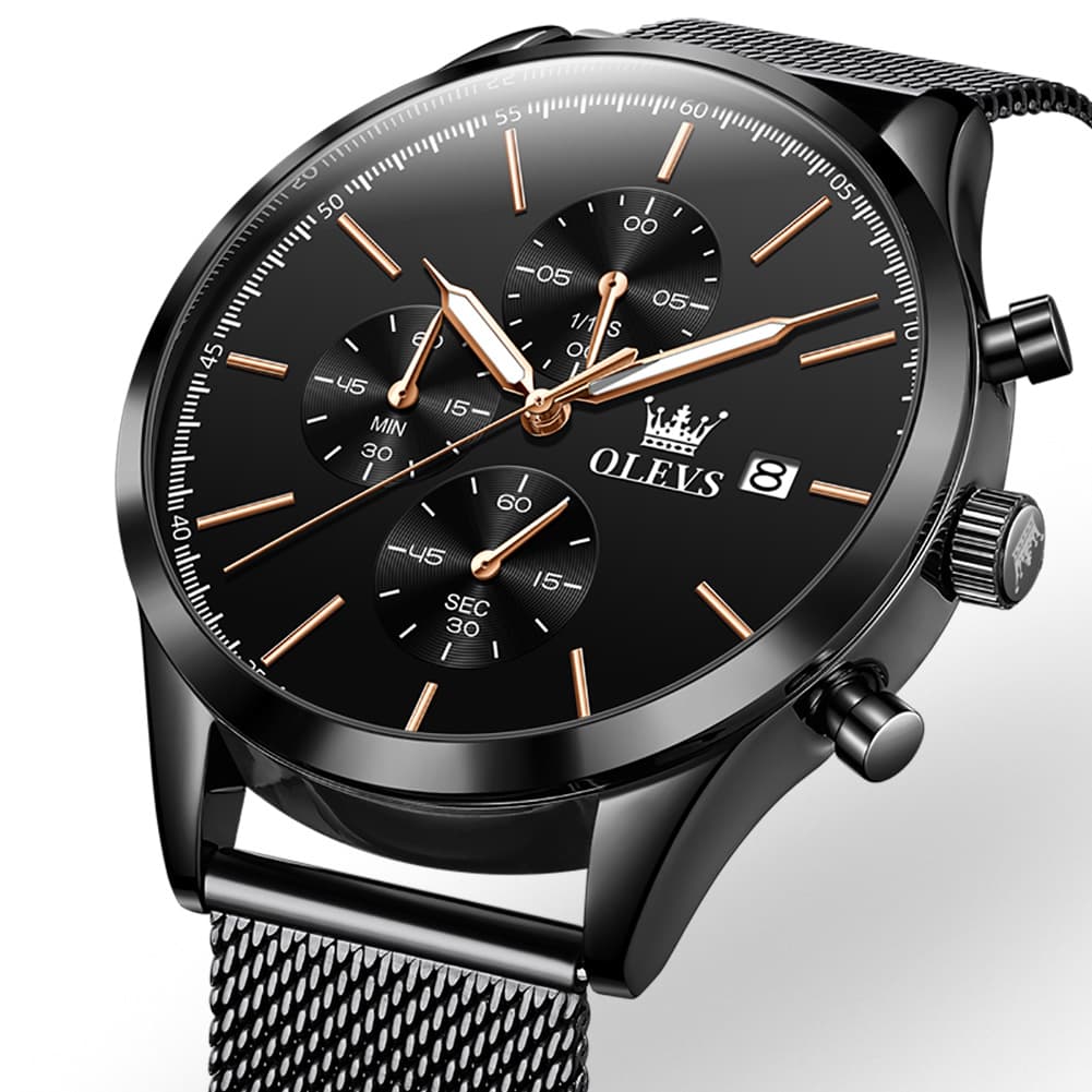 OLEVS 2881 Minimalist Milanese Chronograph Watch for Men - Rose Black Watch | Olevs Watch Store