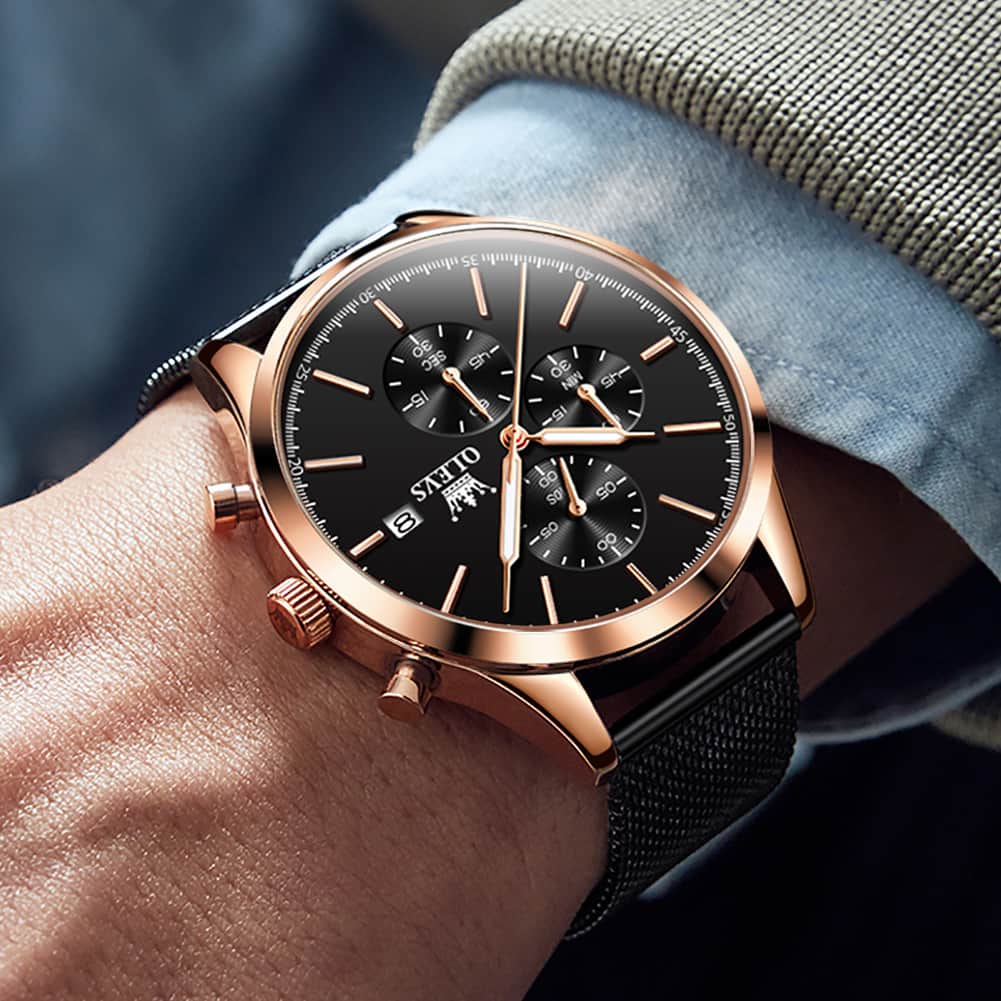 OLEVS 2881 Minimalist Milanese Chronograph Watch for Men - Rose Black Watch | Olevs Watch Store