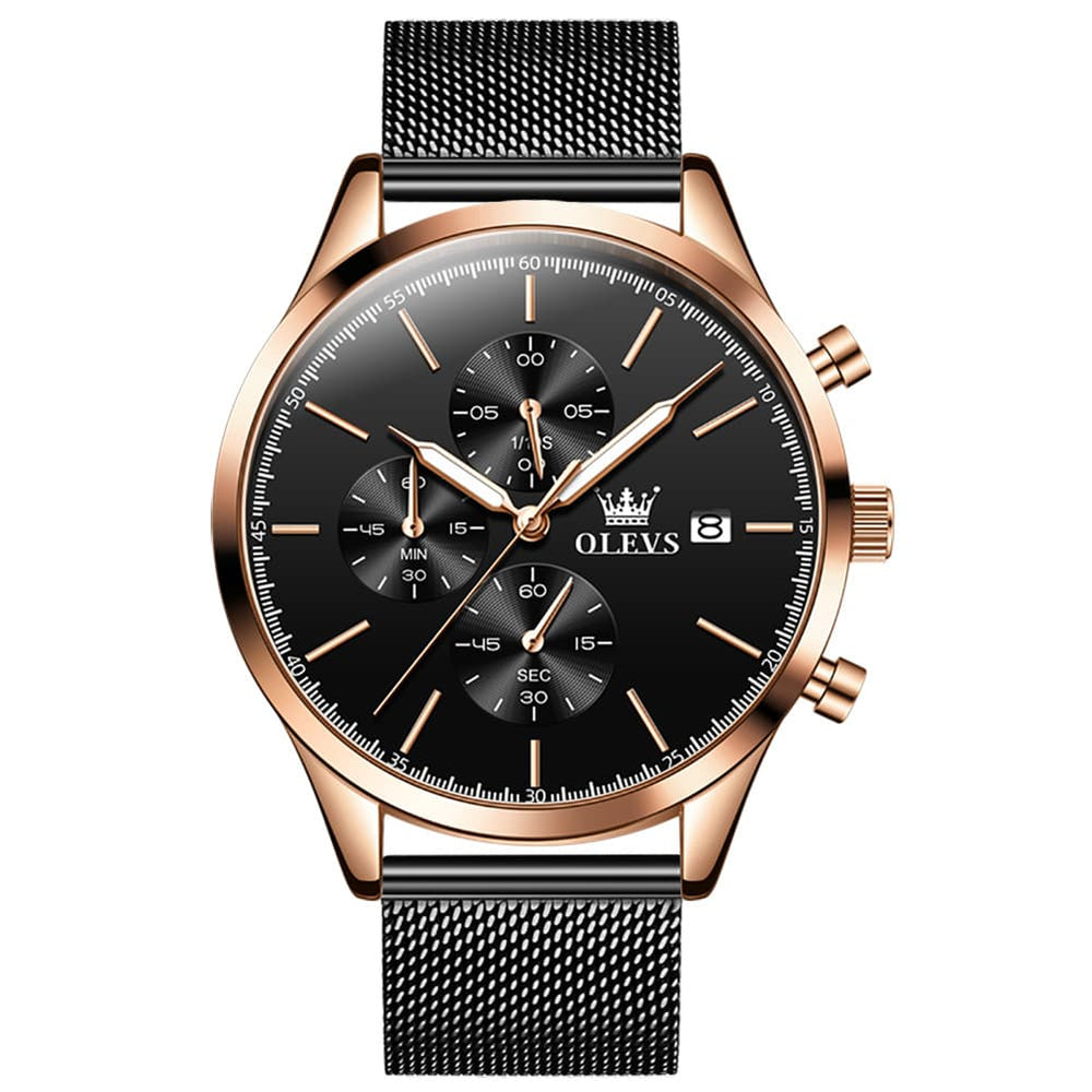 OLEVS 2881 Minimalist Milanese Chronograph Watch for Men - Rose Black Watch | Olevs Watch Store