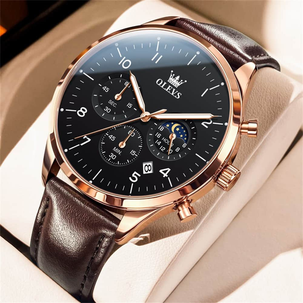 OLEVS 2882 Luxury Moon Phase Chronograph Watch for Men - All Black Watch | Olevs Watch Store