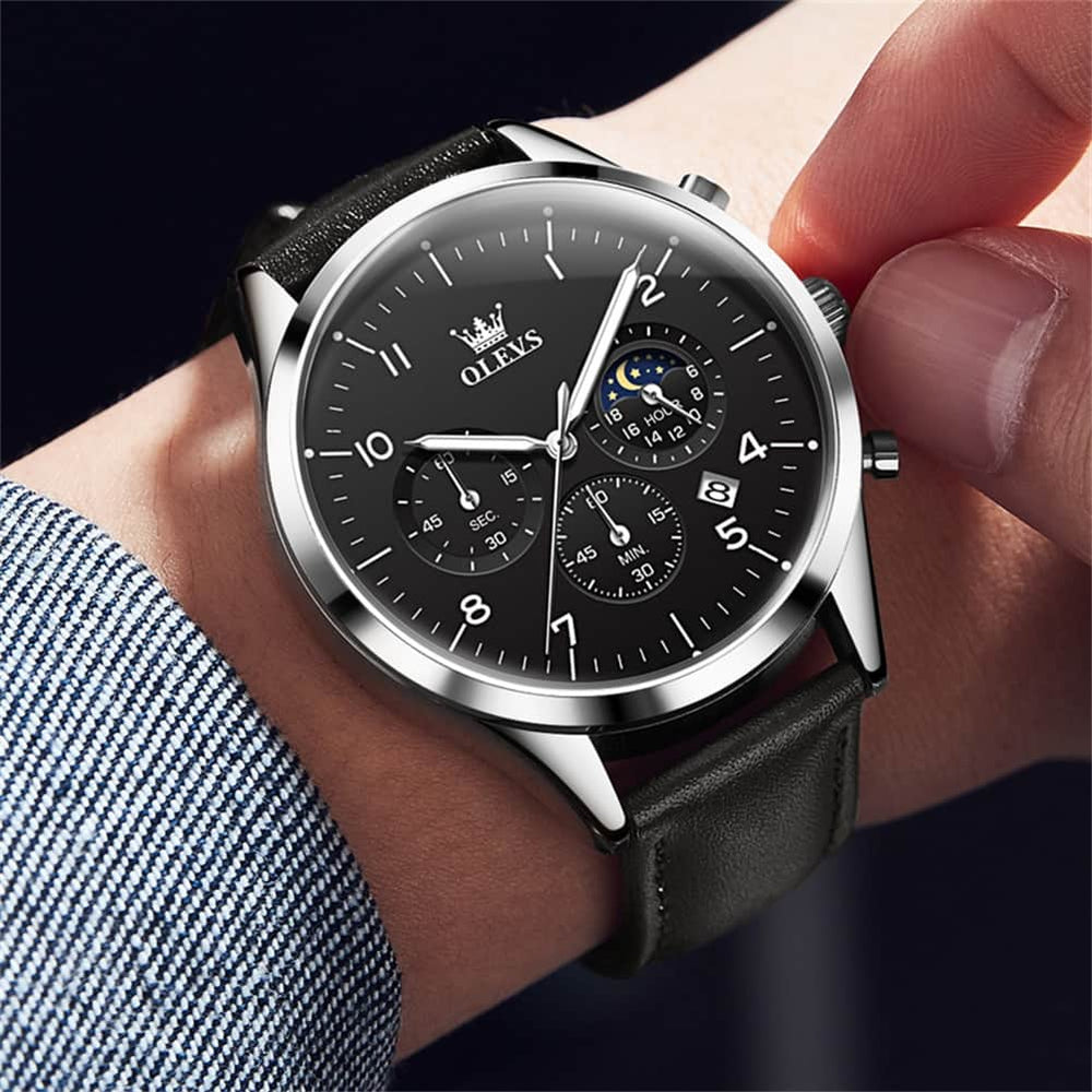 OLEVS 2882 Luxury Moon Phase Chronograph Watch for Men - All Black Watch | Olevs Watch Store