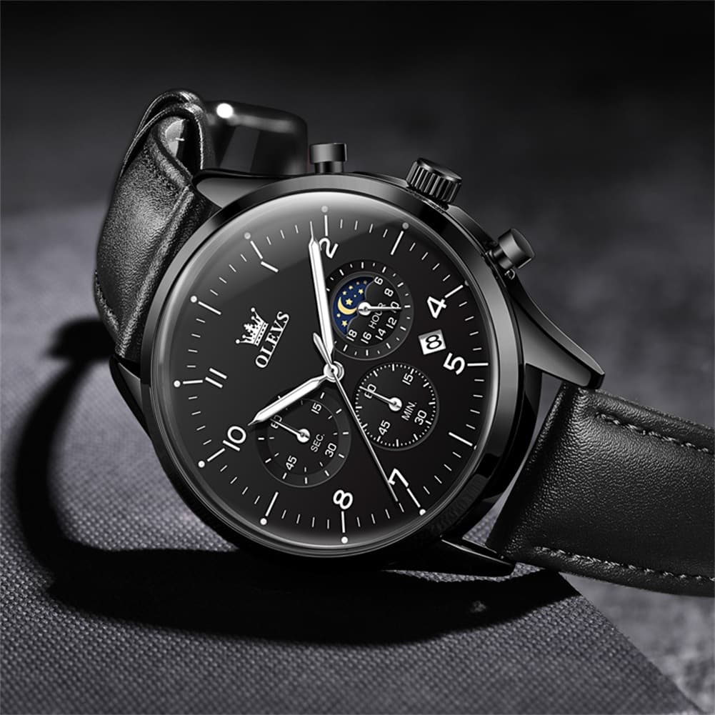 OLEVS 2882 Luxury Moon Phase Chronograph Watch for Men - All Black Watch | Olevs Watch Store