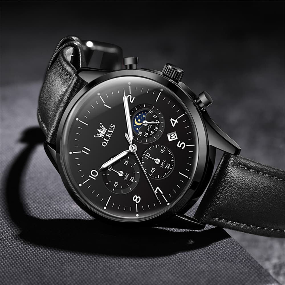 OLEVS 2882 Luxury Moon Phase Chronograph Watch for Men - All Black Watch | Olevs Watch Store