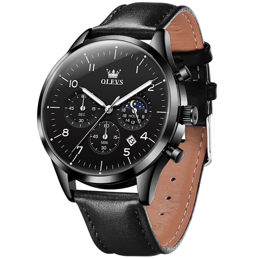 OLEVS 2882 Luxury Moon Phase Chronograph Watch for Men - All Black Watch | Olevs Watch Store