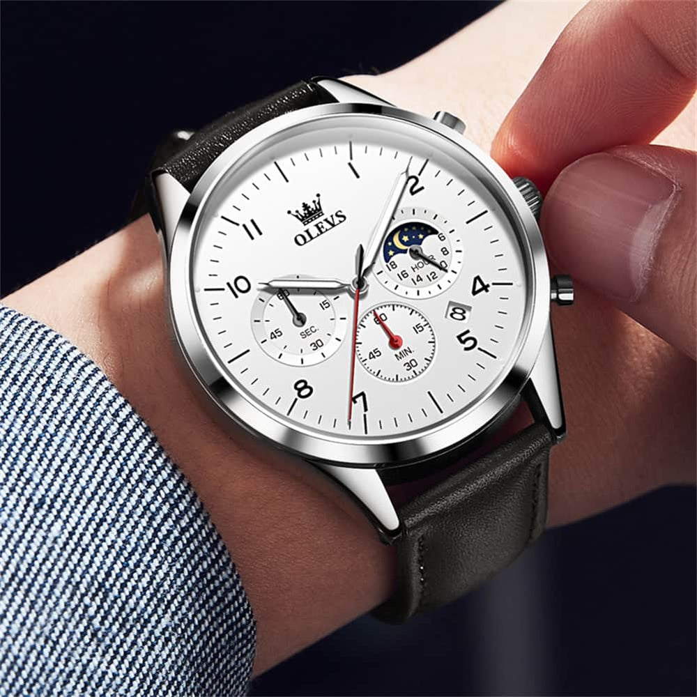 OLEVS 2882 Luxury Moon Phase Chronograph Watch for Men - All Black Watch | Olevs Watch Store