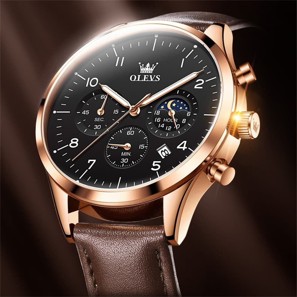 OLEVS 2882 Luxury Moon Phase Chronograph Watch for Men - All Black Watch | Olevs Watch Store