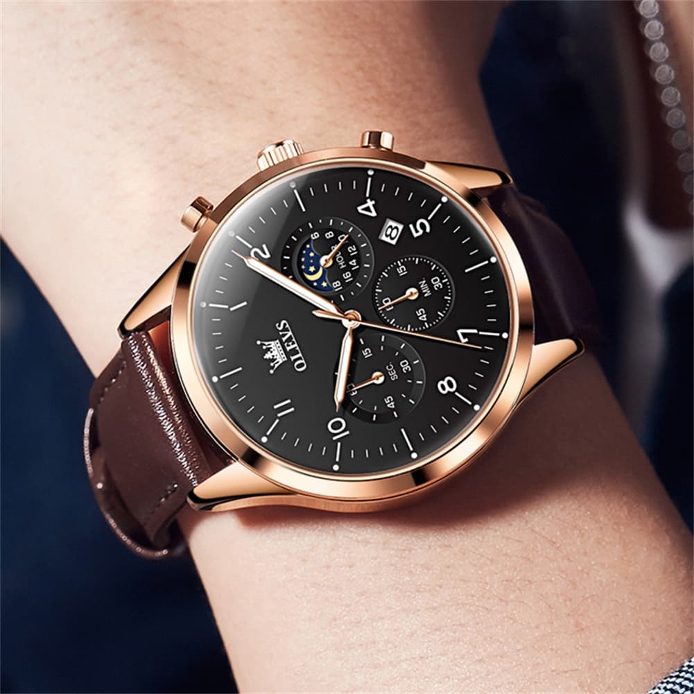 OLEVS 2882 Luxury Moon Phase Chronograph Watch for Men - All Black Watch | Olevs Watch Store