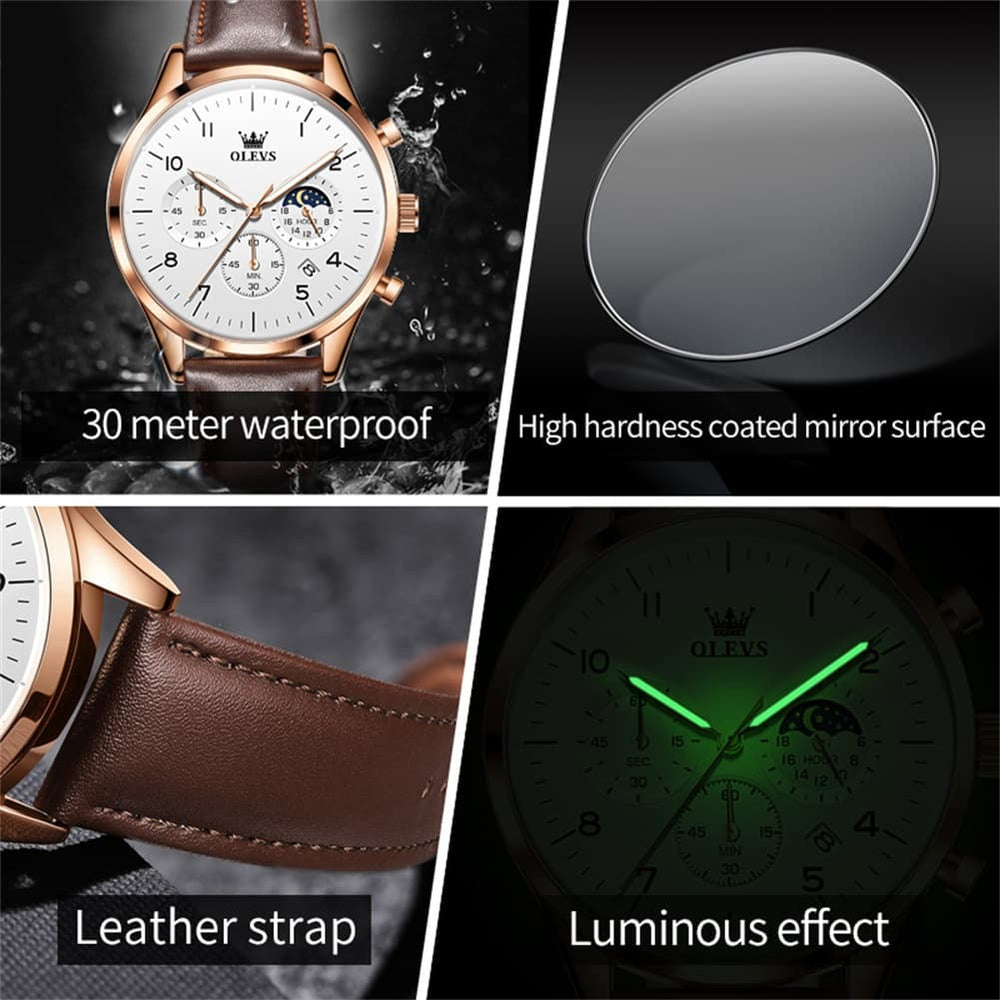 OLEVS 2882 Luxury Moon Phase Chronograph Watch for Men - All Black Watch | Olevs Watch Store
