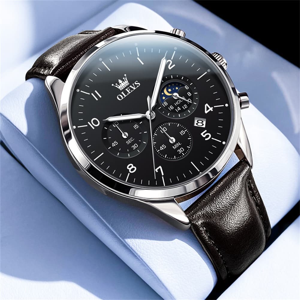 OLEVS 2882 Luxury Moon Phase Chronograph Watch for Men - All Black Watch | Olevs Watch Store