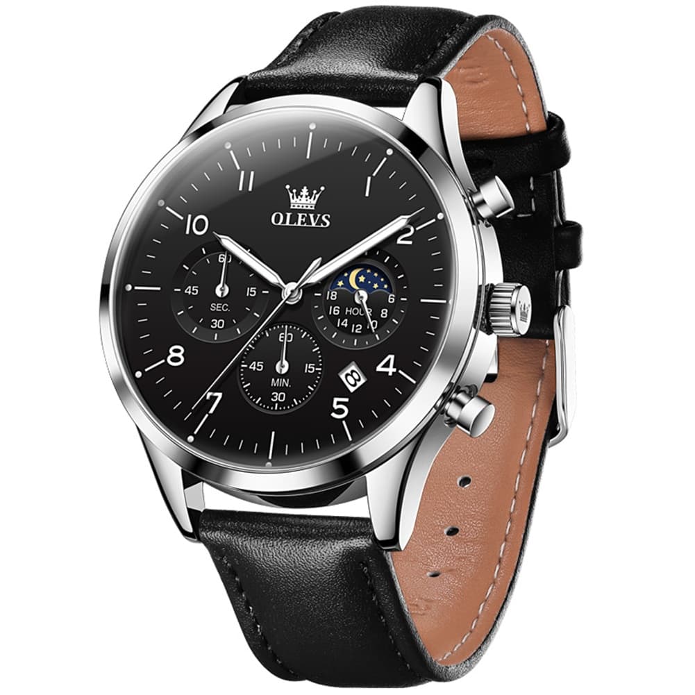 OLEVS 2882 Luxury Moon Phase Chronograph Watch for Men - Black Silver Black Watch | Olevs Watch Store