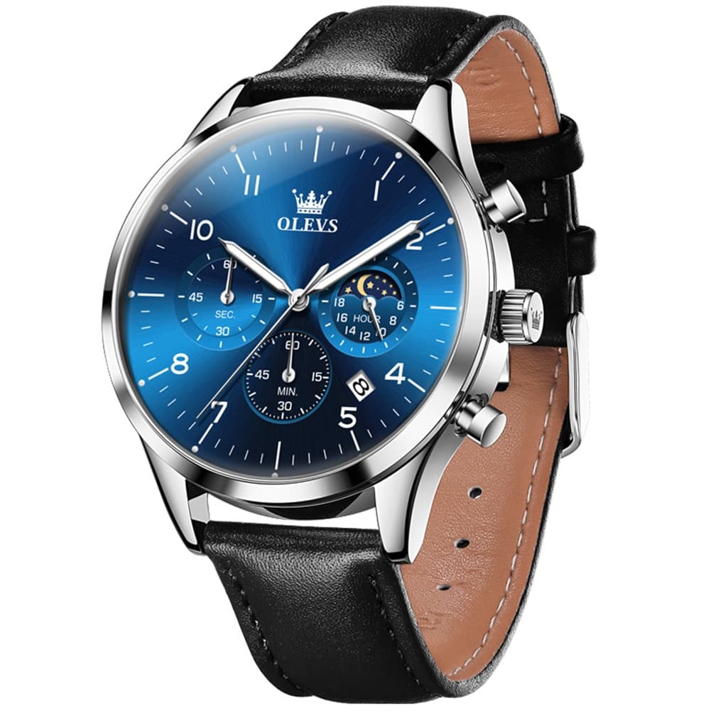 OLEVS 2882 Luxury Moon Phase Chronograph Watch for Men - Black Silver Blue Watch | Olevs Watch Store