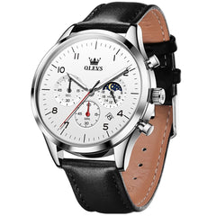 OLEVS 2882 Luxury Moon Phase Chronograph Watch for Men - Black Silver White Watch | Olevs Watch Store