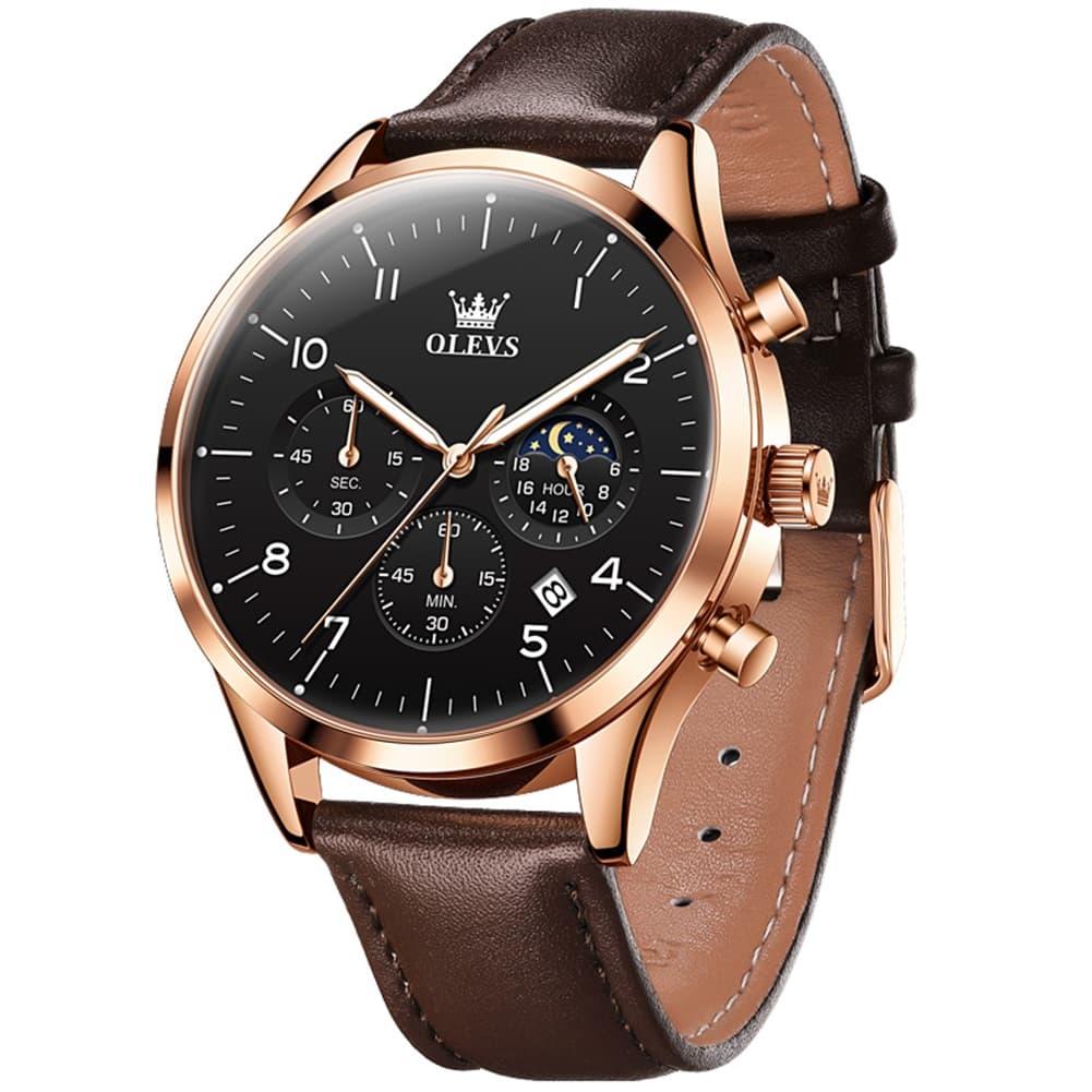 OLEVS 2882 Luxury Moon Phase Chronograph Watch for Men - Brown Rose Black Watch | Olevs Watch Store