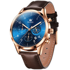 OLEVS 2882 Luxury Moon Phase Chronograph Watch for Men - Brown Rose Blue Watch | Olevs Watch Store