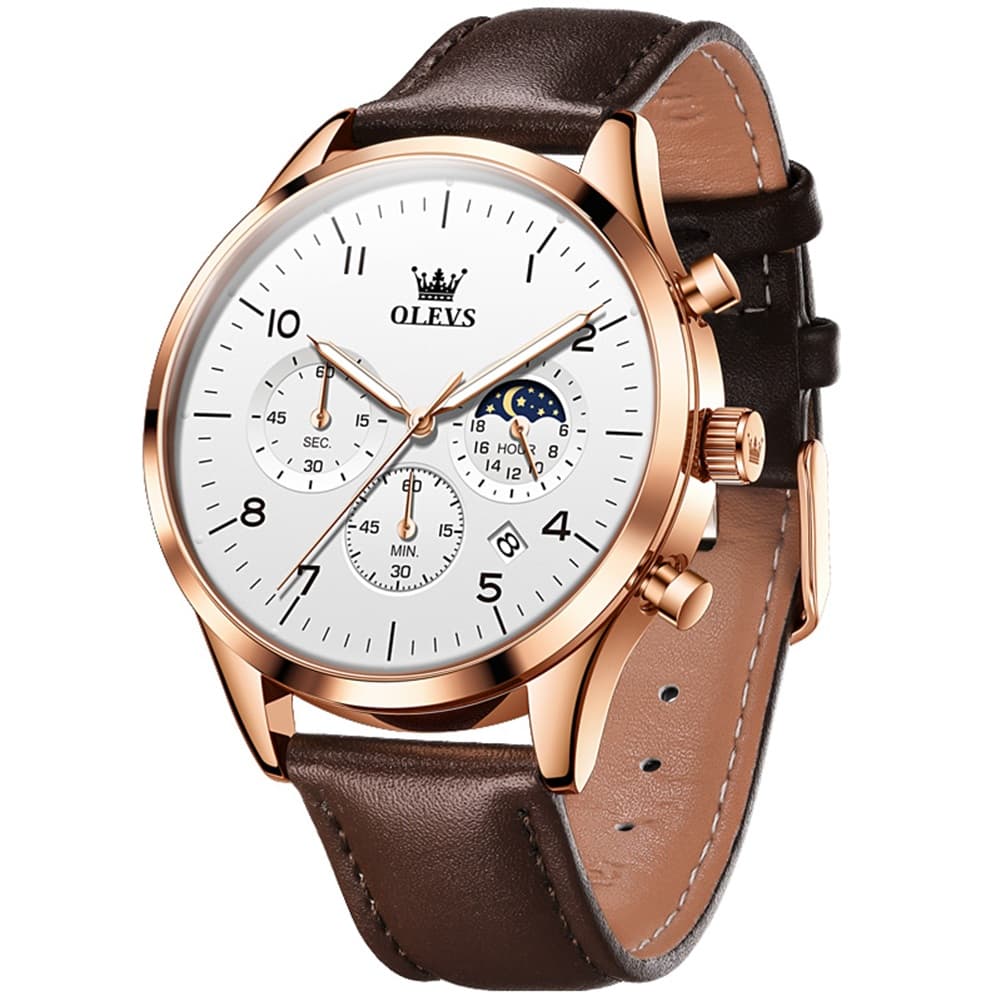 OLEVS 2882 Luxury Moon Phase Chronograph Watch for Men - Brown Rose White Watch | Olevs Watch Store