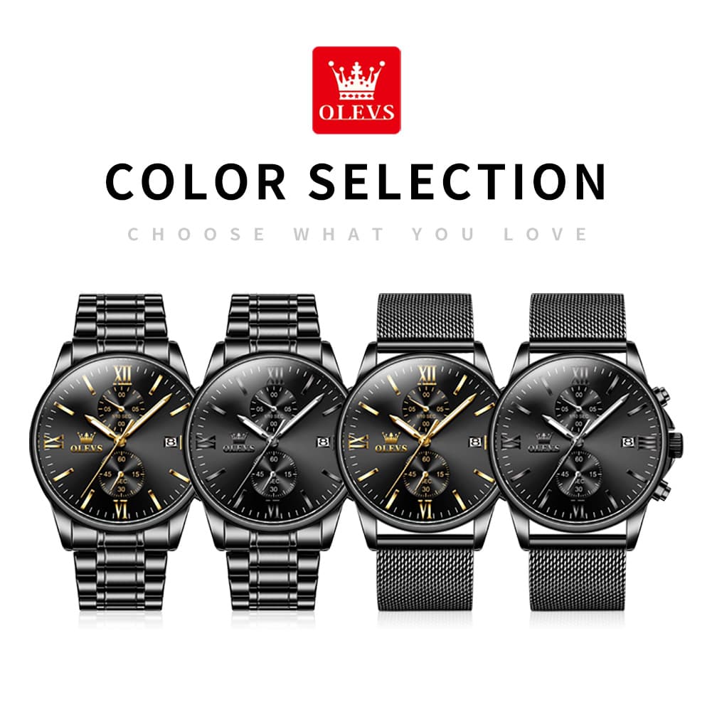 OLEVS 2886 Classic Chronograph Quartz Watch for Men - All Black Mesh Watch | Olevs Watch Store