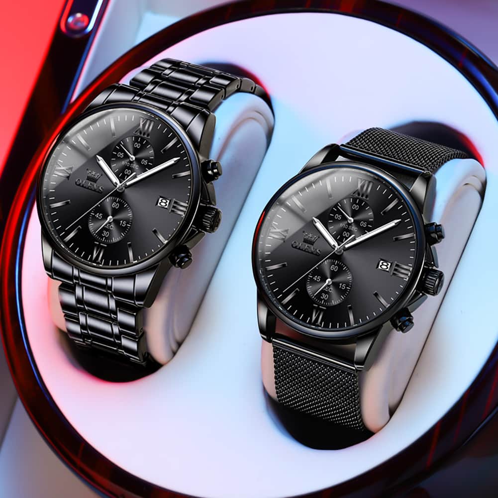 OLEVS 2886 Classic Chronograph Quartz Watch for Men - All Black Mesh Watch | Olevs Watch Store